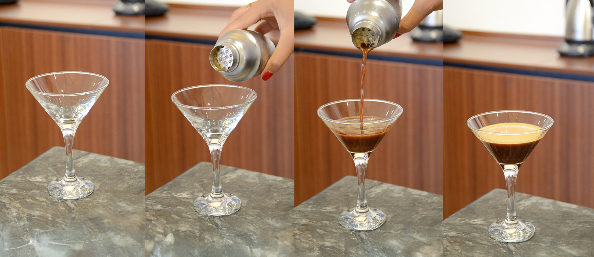 Martini glass being filled up with the Shakerato Mocktail